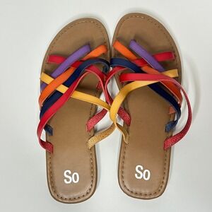 SO Womens Sandals Size 10 Multicolor Strappy Flat Slip On Summer Shoes